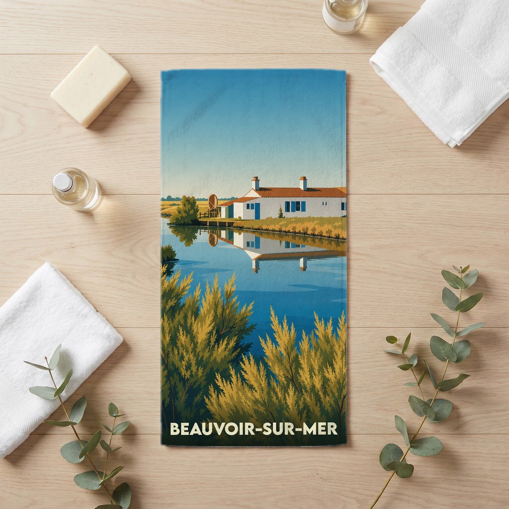 Serviette de bain souvenir de la ville de Beauvoir-sur-Mer avec une illustration stylisée d'un paysage côtier.