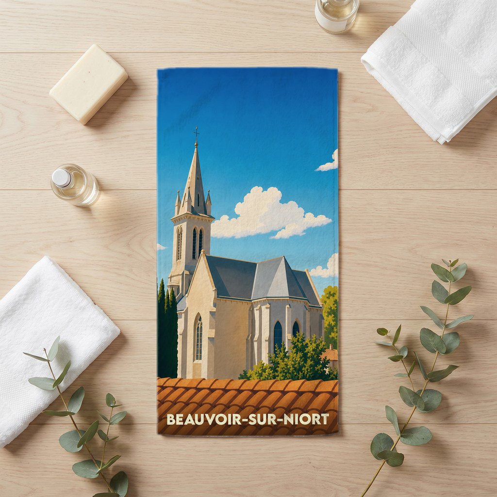 Serviette de bain souvenir de la ville de Beauvoir-sur-Niort avec une illustration stylisée d'une église.
