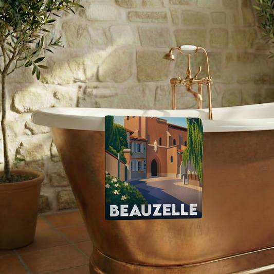 Serviette de bain souvenir de la ville de Beauzelle avec une illustration stylisée.
