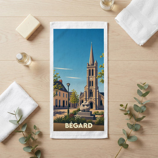 Serviette de bain souvenir de la ville de Bégard avec une illustration stylisée.