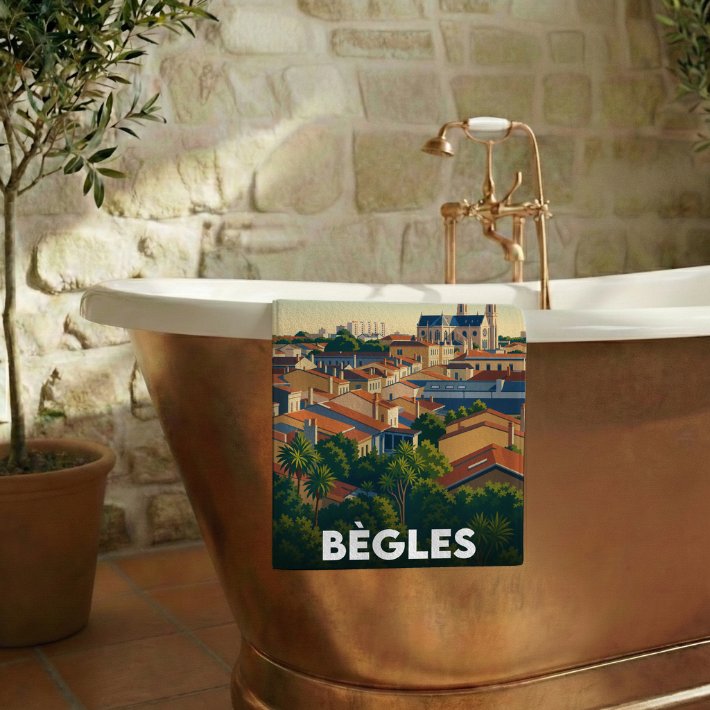 Serviette de bain souvenir de la ville de Bègles avec une illustration stylisée.
