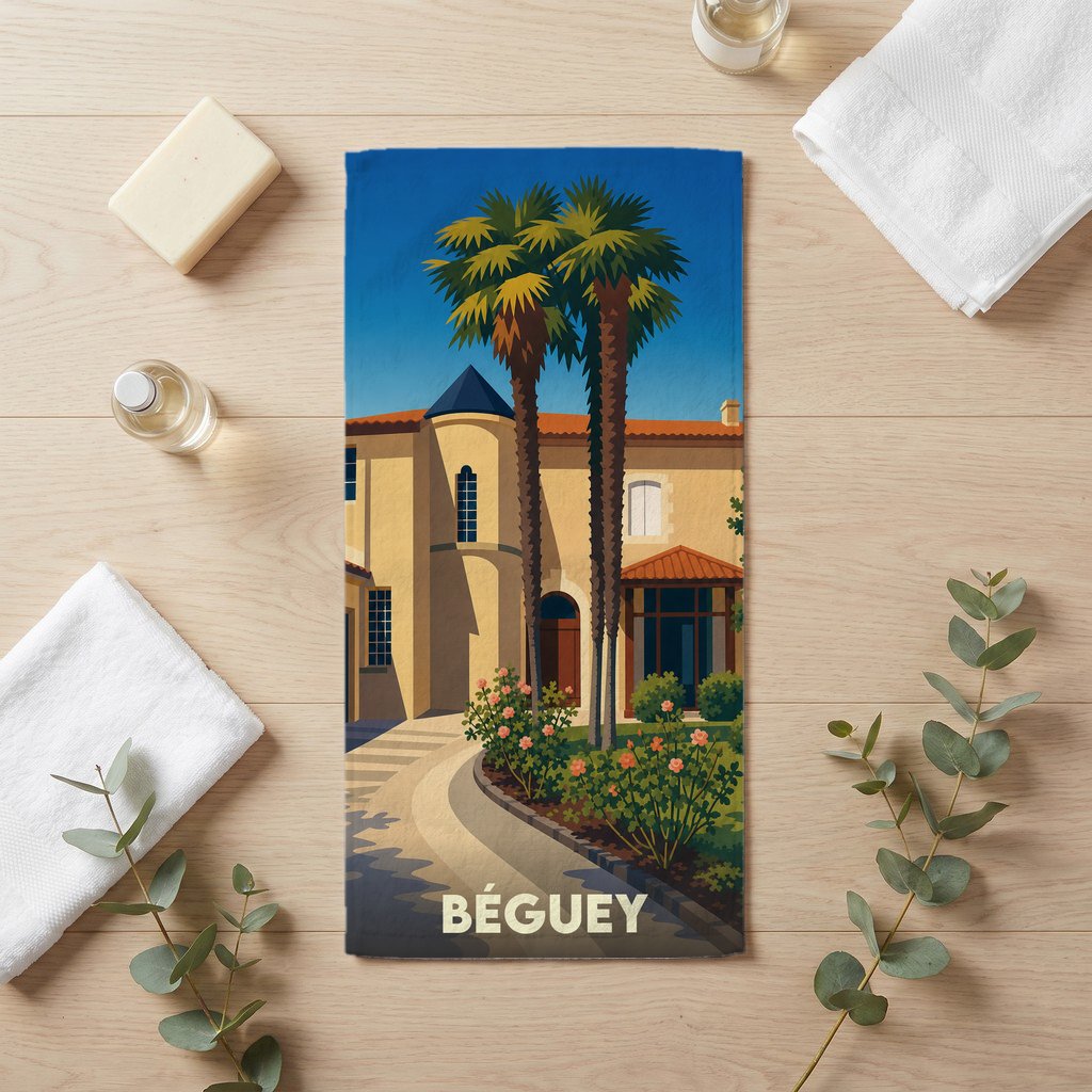 Serviette de bain souvenir de la ville de Béguey avec une illustration de style affiche rétro.