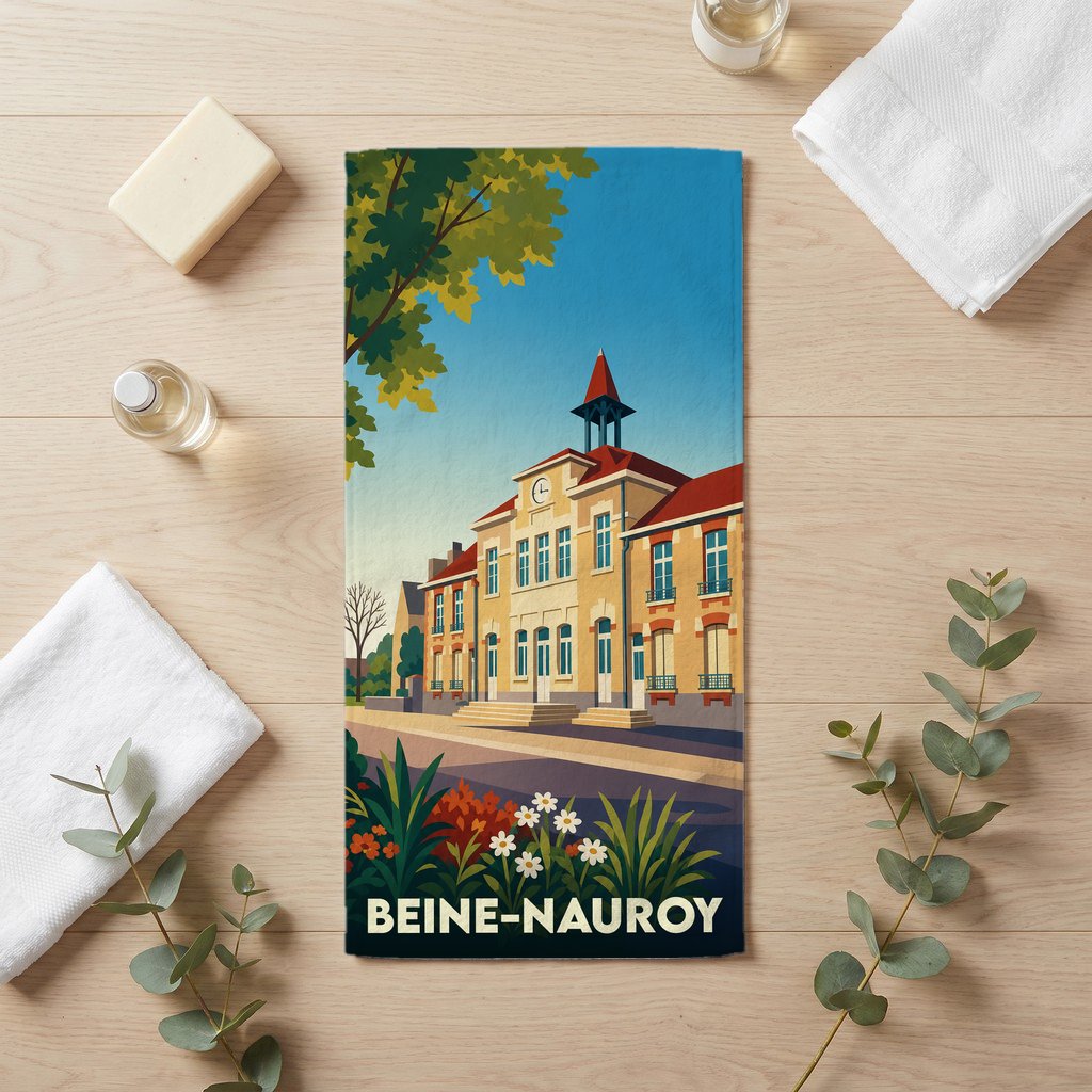 Serviette de bain souvenir de la ville de Beine-Nauroy avec une illustration stylisée.