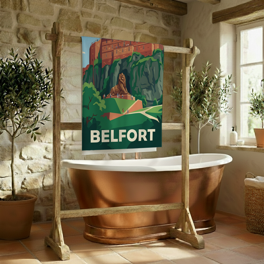 Serviette de bain souvenir de la ville de Belfort avec une illustration stylisée.