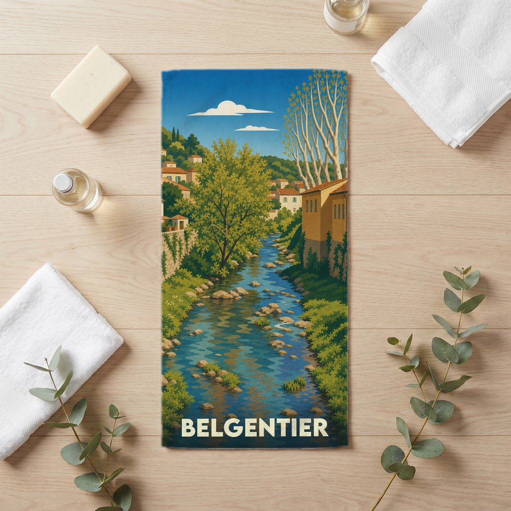 Serviette de bain souvenir de la ville de Belgentier avec une illustration stylisée d'une rivière traversant le village.