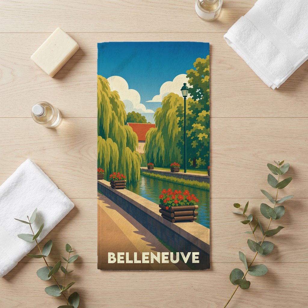 Serviette de bain souvenir de la ville de Belleneuve avec une illustration stylisée d'un canal fleuri.