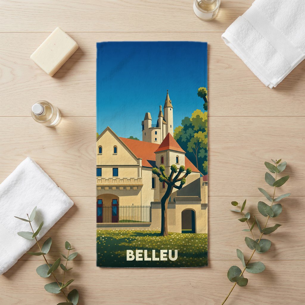 Serviette de bain souvenir de la ville de Belleu avec une illustration stylisée d'un château.