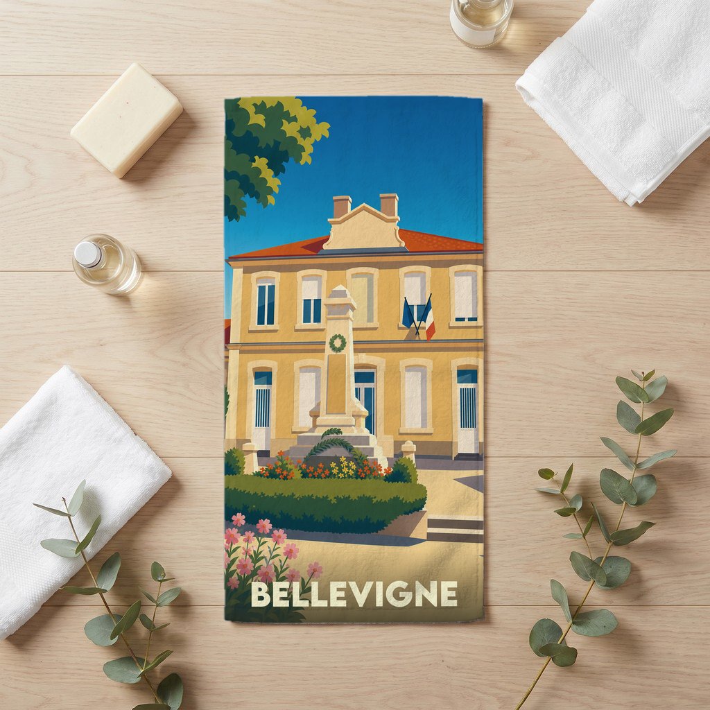 Serviette de bain souvenir de la ville de Bellevigne avec une illustration stylisée.