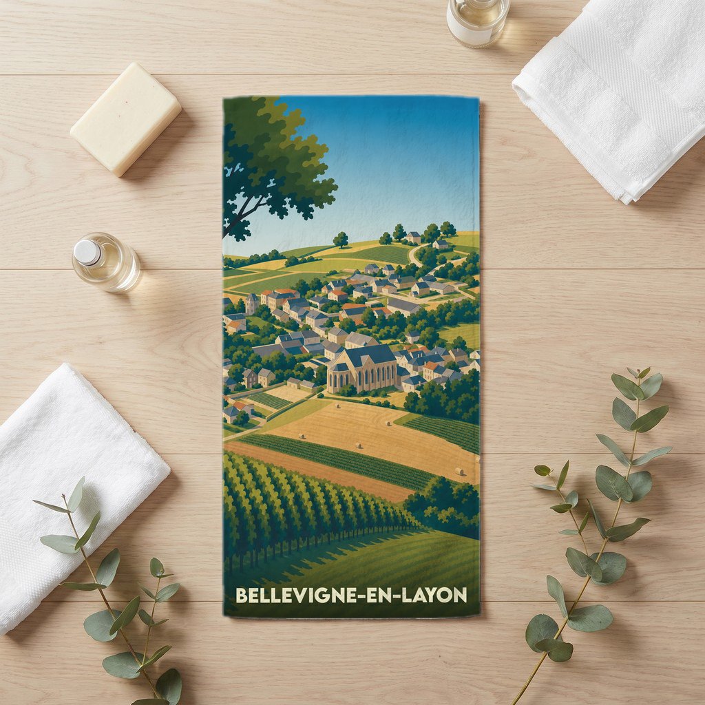 Serviette de bain souvenir de la ville de Bellevigne-en-Layon avec une illustration stylisée de son paysage vallonné.