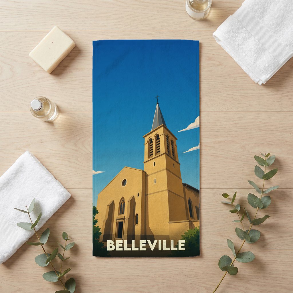 Serviette de bain souvenir de la ville de Belleville avec une illustration stylisée d'une église sous un ciel bleu.