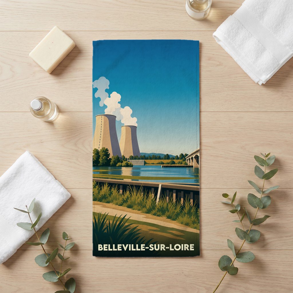 Serviette de bain souvenir de Belleville-sur-Loire illustrée d'une vue stylisée de sa centrale nucléaire.