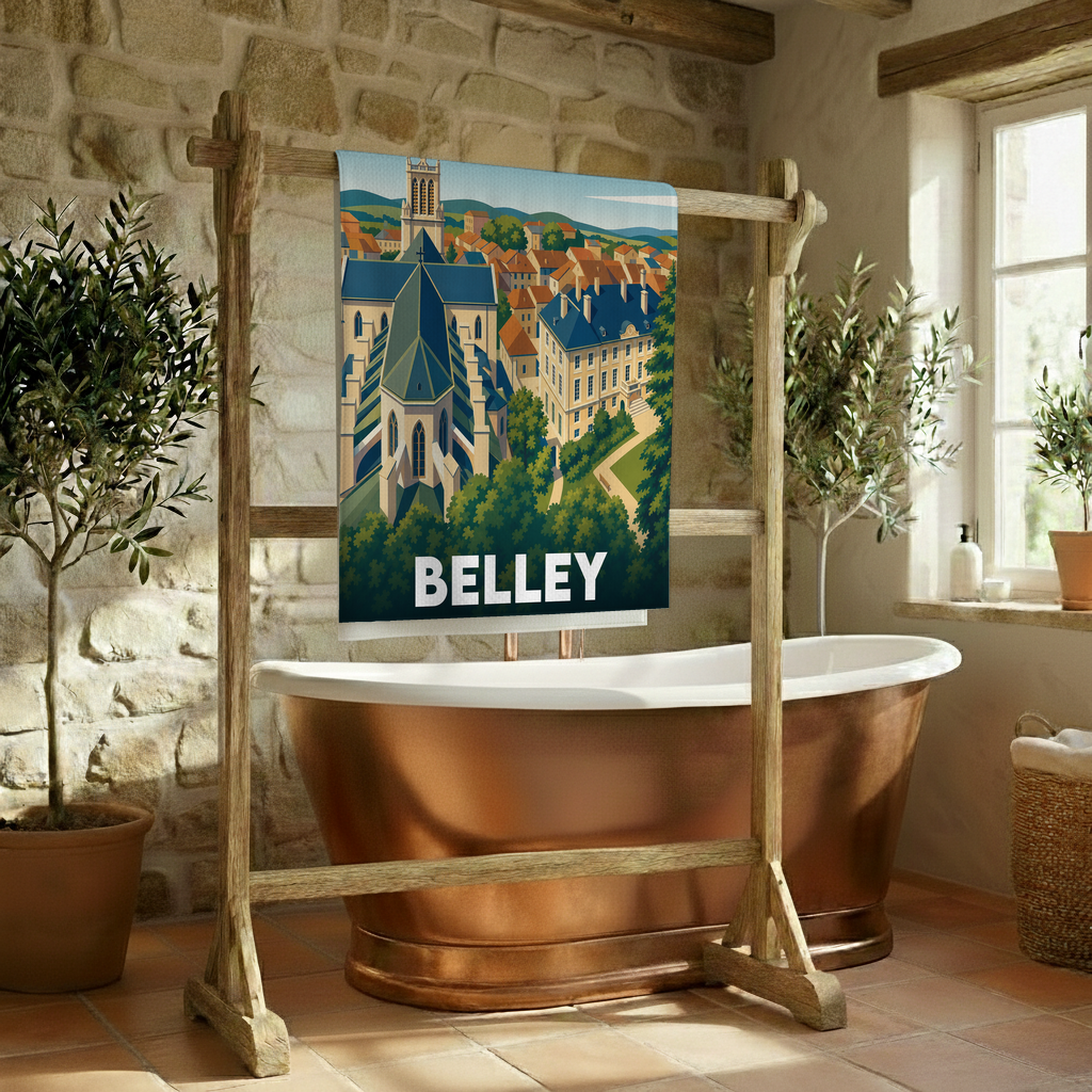 Serviette de bain souvenir de la ville de Belley ornée d'une illustration stylisée de sa cathédrale et de ses toits.