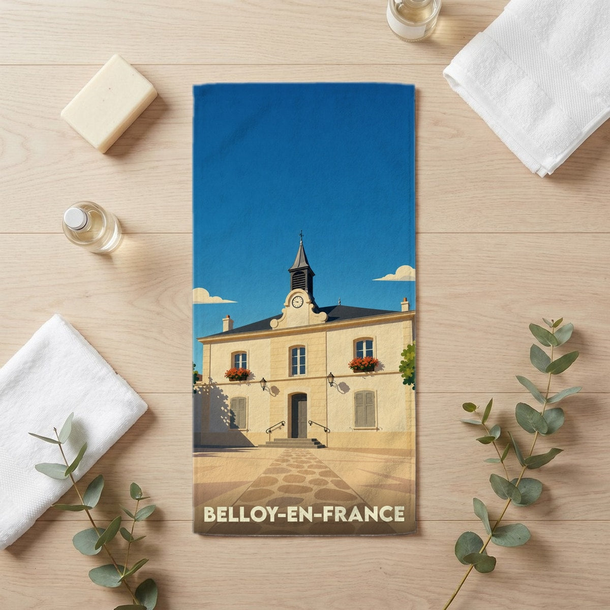 Serviette de bain 30 cm x 60 cm souvenir de Belloy-en-France