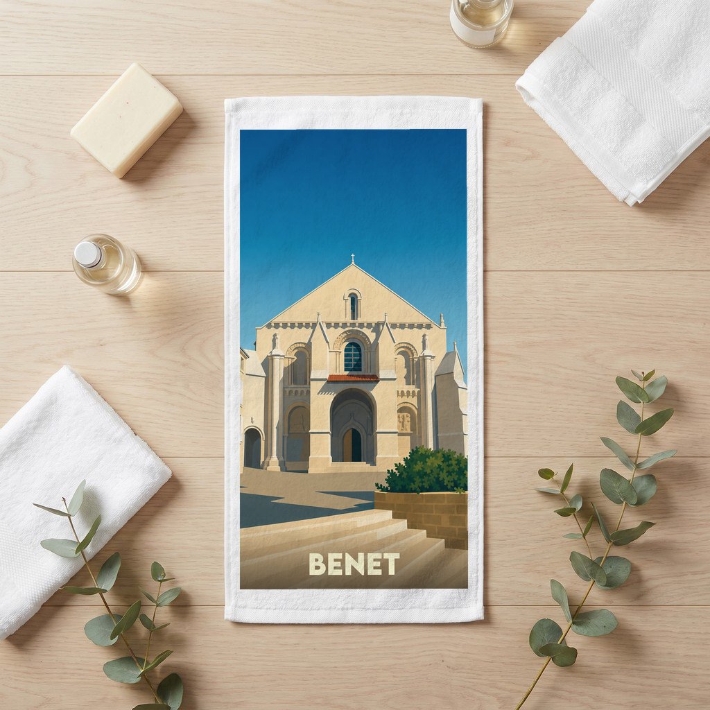 Serviette de bain souvenir de la ville de Benet avec une illustration stylisée de son église.