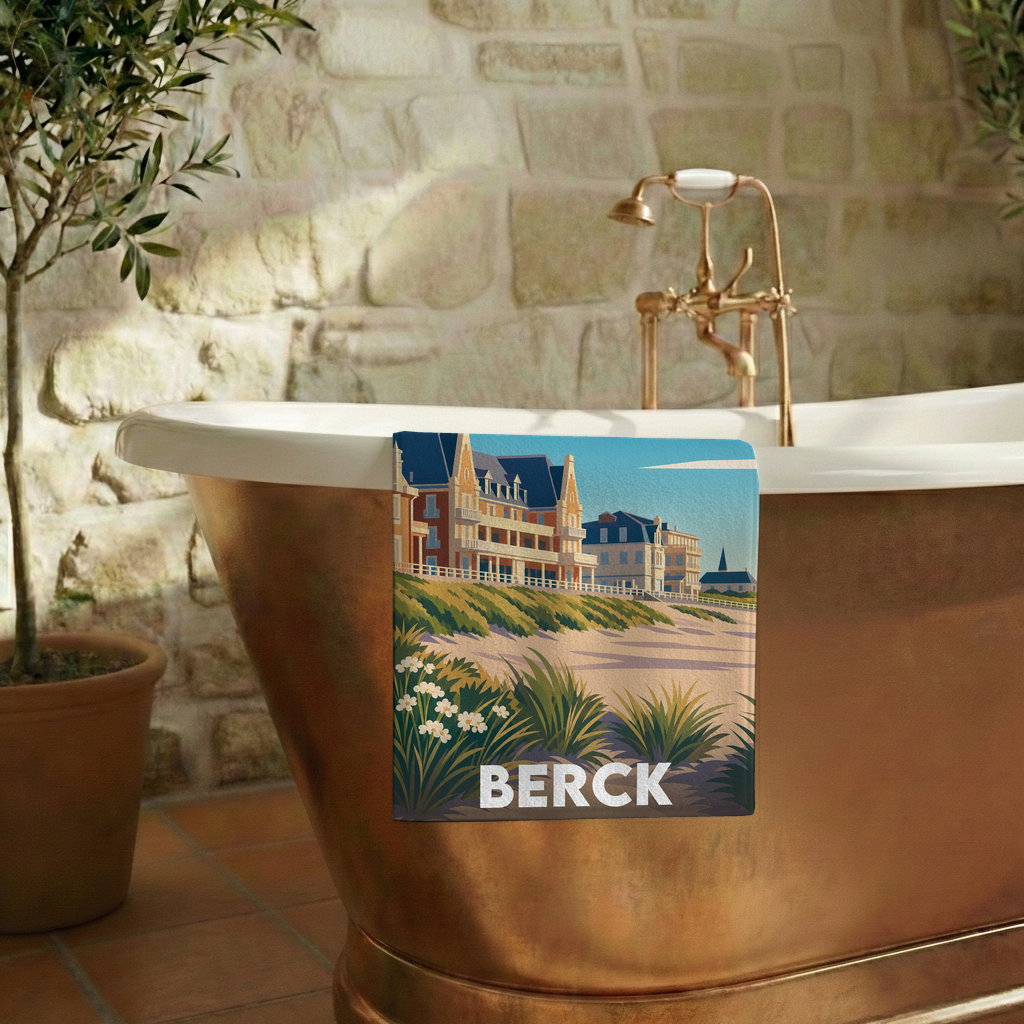 Serviette de bain souvenir de la ville de Berck avec une illustration stylisée.