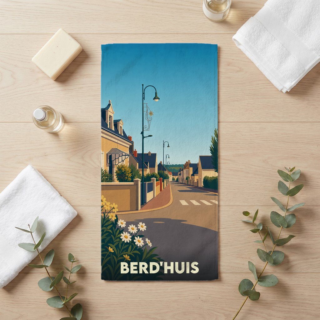 Serviette de bain souvenir de la ville de Berd'huis avec une illustration stylisée.