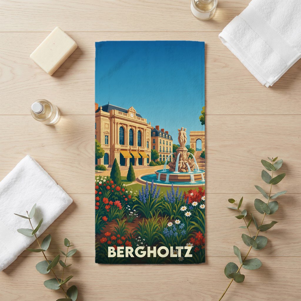 Serviette de bain souvenir de la ville de Bergholtz avec une illustration stylisée d'une place animée.
