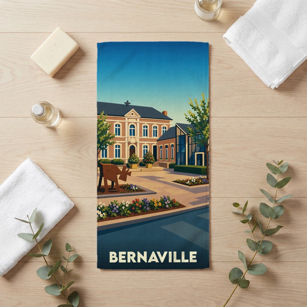 Serviette de bain souvenir de la ville de Bernaville avec une illustration stylisée.