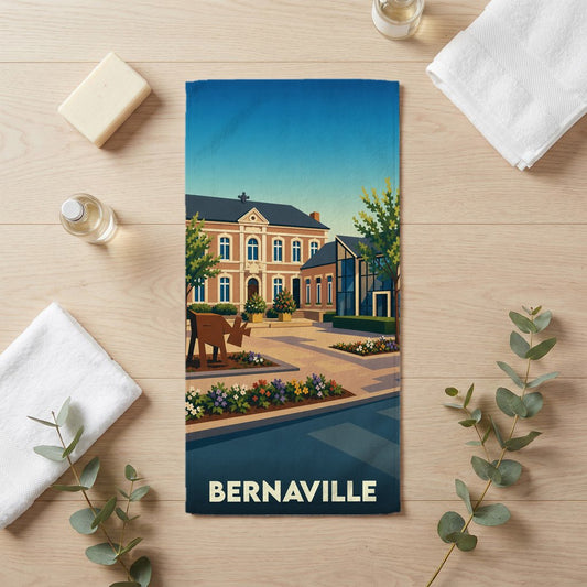 Serviette de bain souvenir de la ville de Bernaville avec une illustration stylisée.