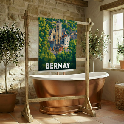 Serviette de bain souvenir de la ville de Bernay avec une illustration de style affiche de voyage.