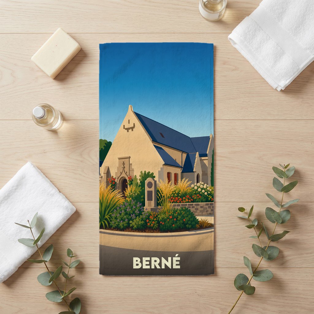 Serviette de bain souvenir de la ville de Berné avec une illustration stylisée de son église.