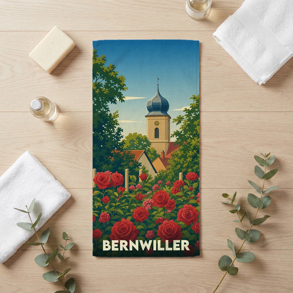 Serviette de bain souvenir de la ville de Bernwiller avec une illustration stylisée d'un clocher et de roses.
