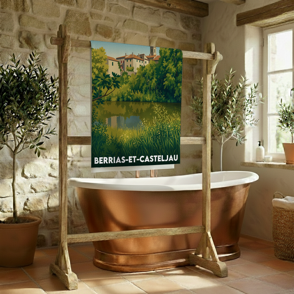 Serviette de bain souvenir de la ville de Berrias-et-Casteljau avec une illustration stylisée.