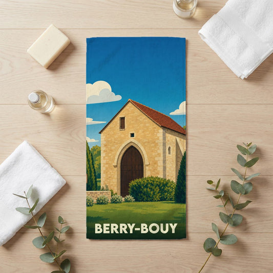 Serviette de bain souvenir de la ville de Berry-Bouy avec une illustration stylisée d'un bâtiment historique.