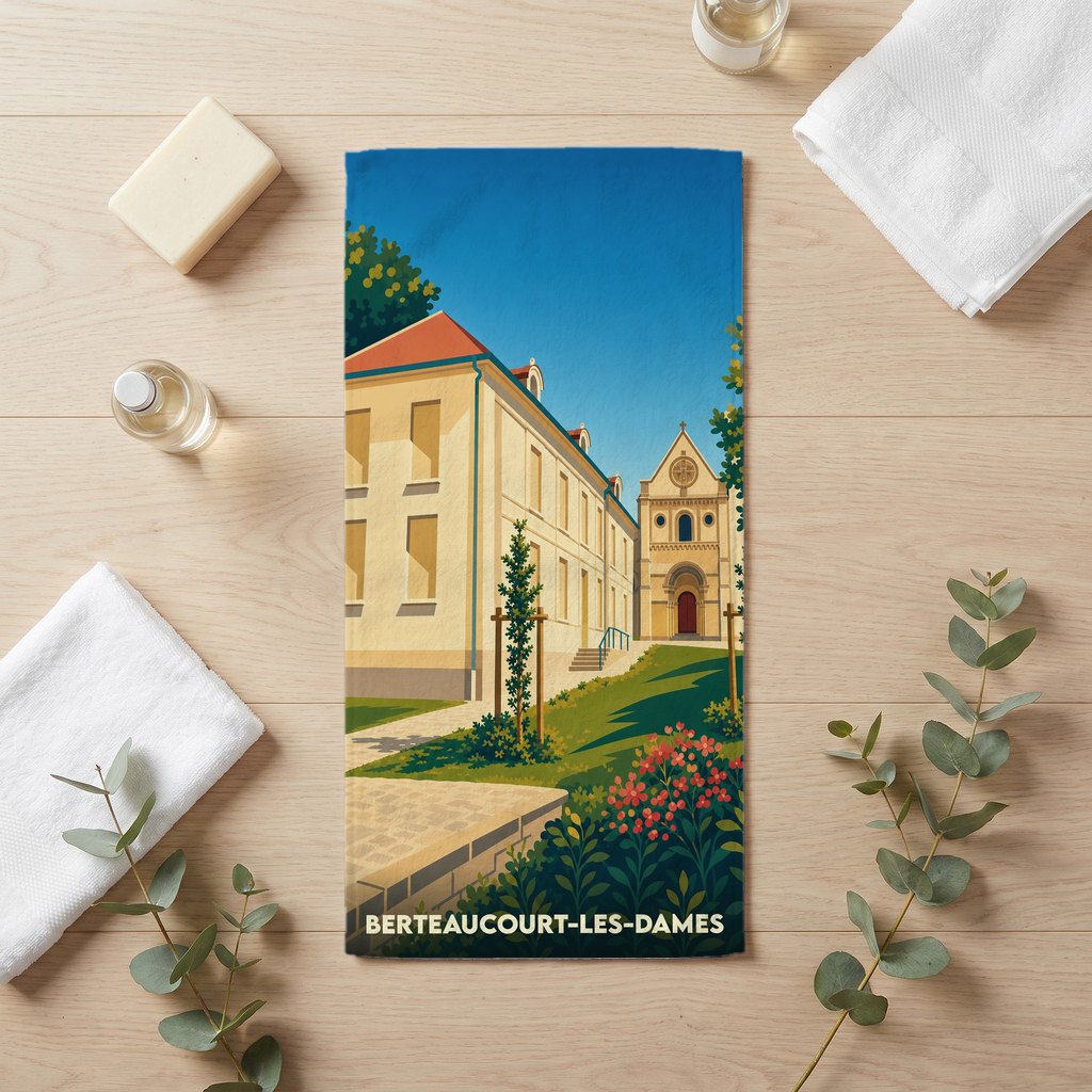 Serviette de bain souvenir de la ville de Berteaucourt-les-Dames avec une illustration stylisée d'un bâtiment historique.
