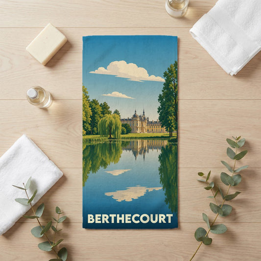 Serviette de bain souvenir de la ville de Berthecourt avec une illustration stylisée d'un château se reflétant dans l'eau.