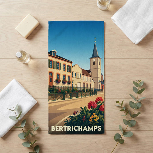 Serviette de bain souvenir de la ville de Bertrichamps avec une illustration stylisée.