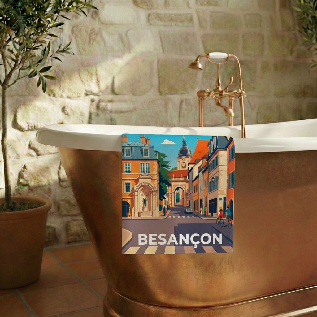 Serviette de bain souvenir de la ville de Besançon avec une illustration stylisée.