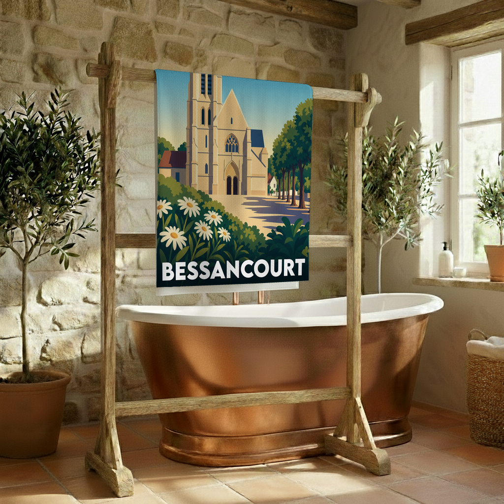 Serviette de bain souvenir de la ville de Bessancourt avec une illustration stylisée.