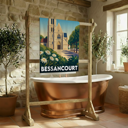 Serviette de bain souvenir de la ville de Bessancourt avec une illustration stylisée.