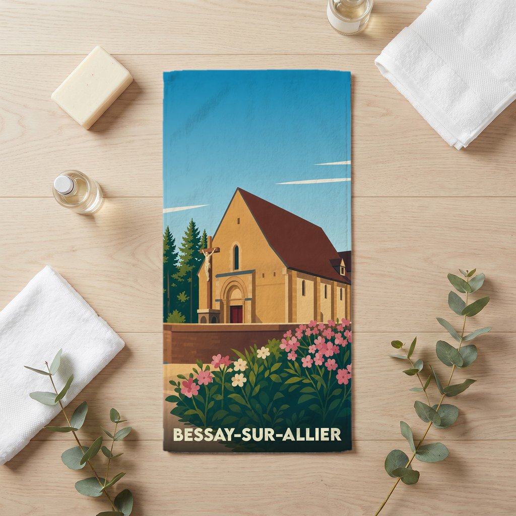 Serviette de bain souvenir de la ville de Bessay-sur-Allier illustrée d'un style rétro.