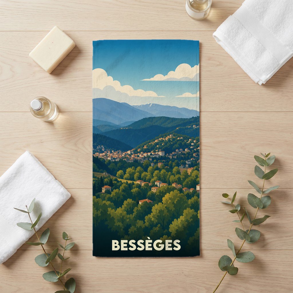 Serviette de bain souvenir de la ville de Bessèges avec une illustration de paysages montagneux.