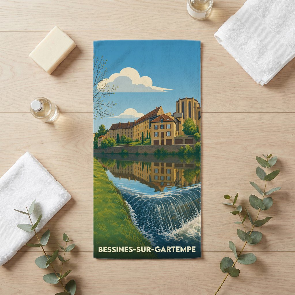 Serviette de bain souvenir de la ville de Bessines-sur-Gartempe avec une illustration stylisée.