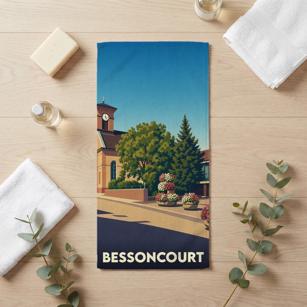 Serviette de bain souvenir de la ville de Bessoncourt avec une illustration stylisée.