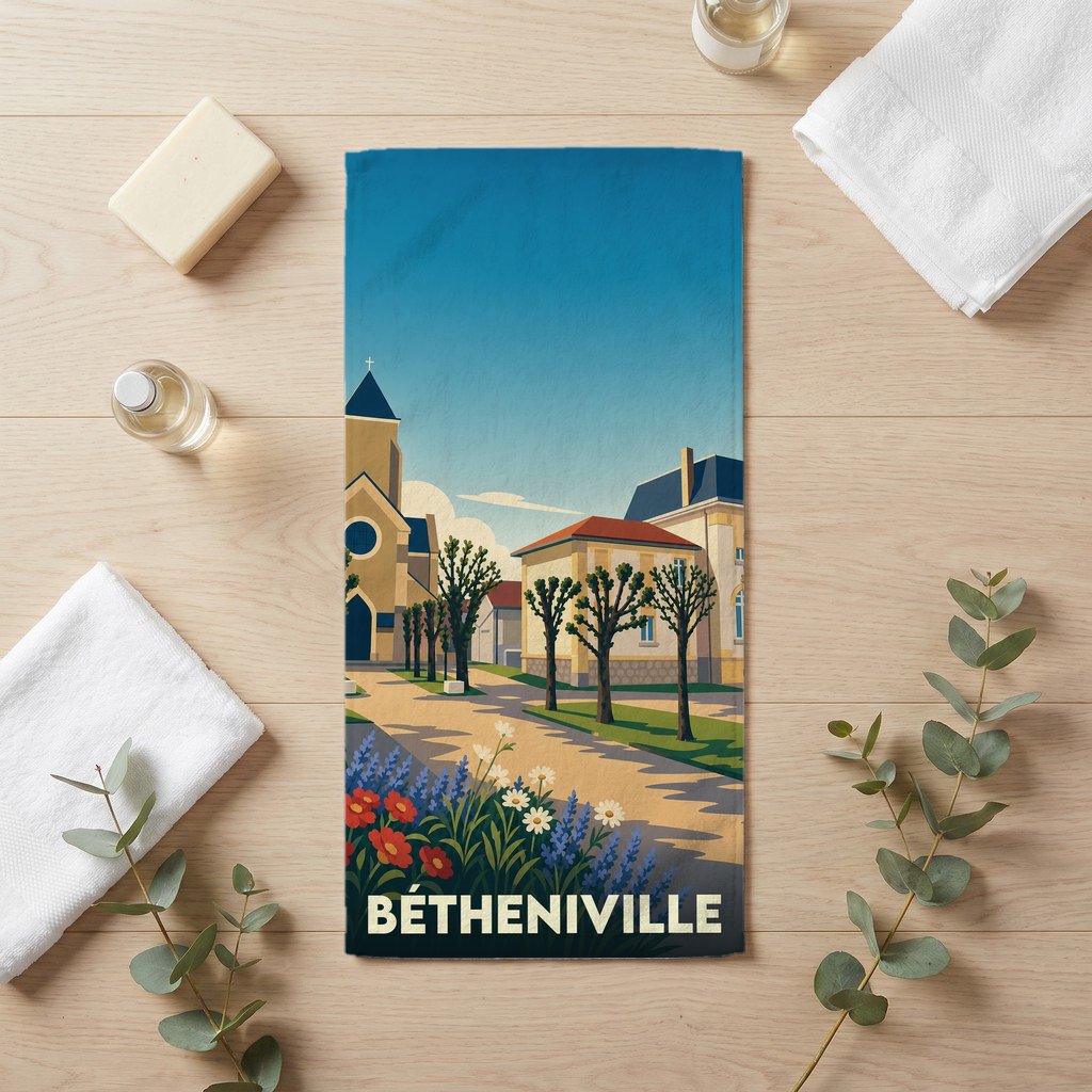 Serviette de bain souvenir de la ville de Bétheniville avec une illustration de style affiche rétro.