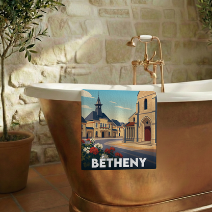Serviette de bain souvenir de la ville de Bétheny avec une illustration stylisée.