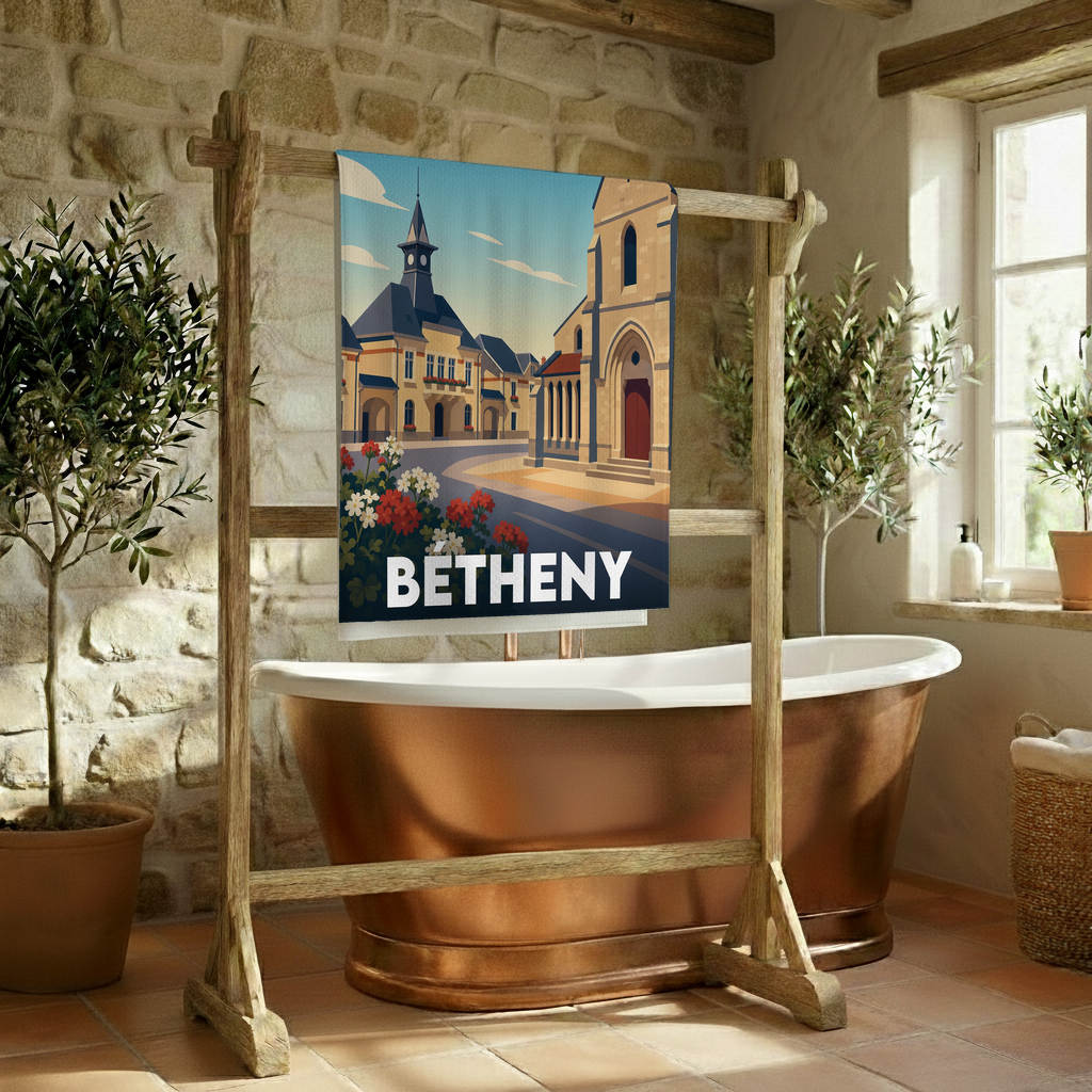 Serviette de bain souvenir de la ville de Bétheny illustrée dans un style rétro.