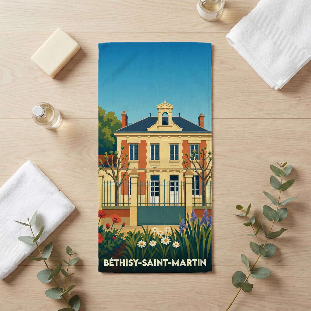 Serviette de bain souvenir de la ville de Béthisy-Saint-Martin avec une illustration stylisée d'une demeure historique.