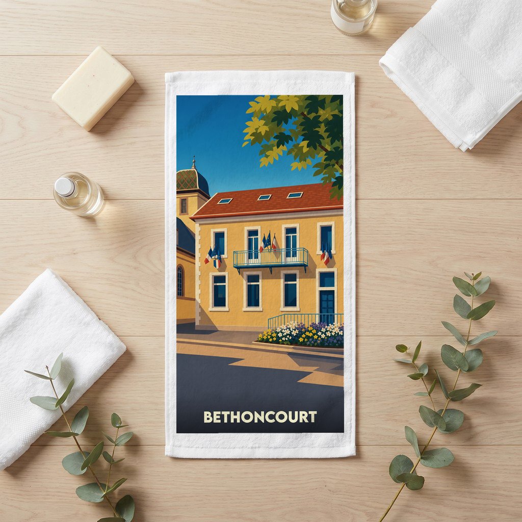 Serviette de bain souvenir de la ville de Bethoncourt avec une illustration stylisée d'un bâtiment municipal français.
