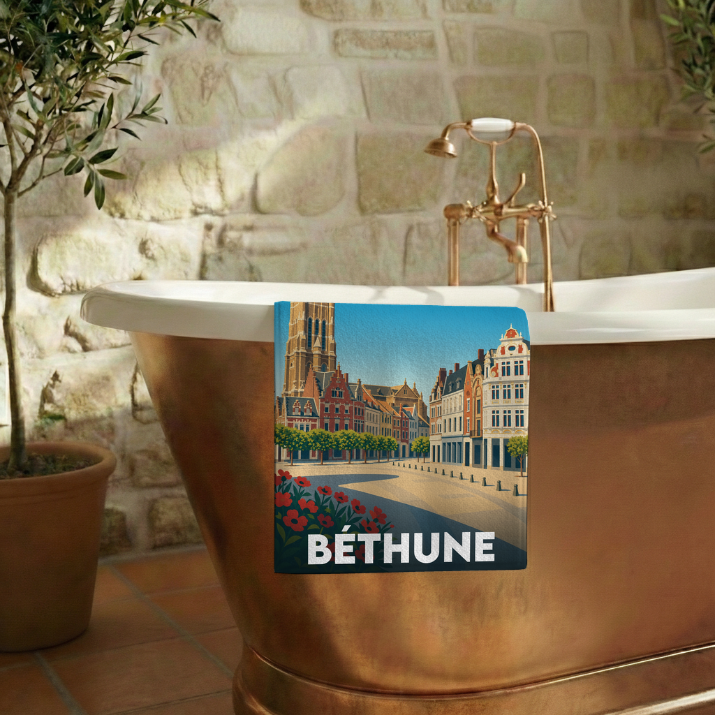 Serviette de bain souvenir de la ville de Béthune avec une illustration stylisée.