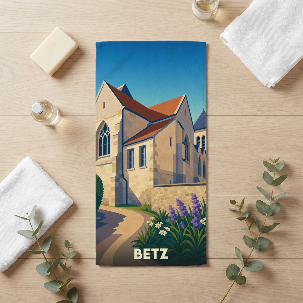 Serviette de bain souvenir de la ville de Betz avec une illustration stylisée de son église et de jardins.