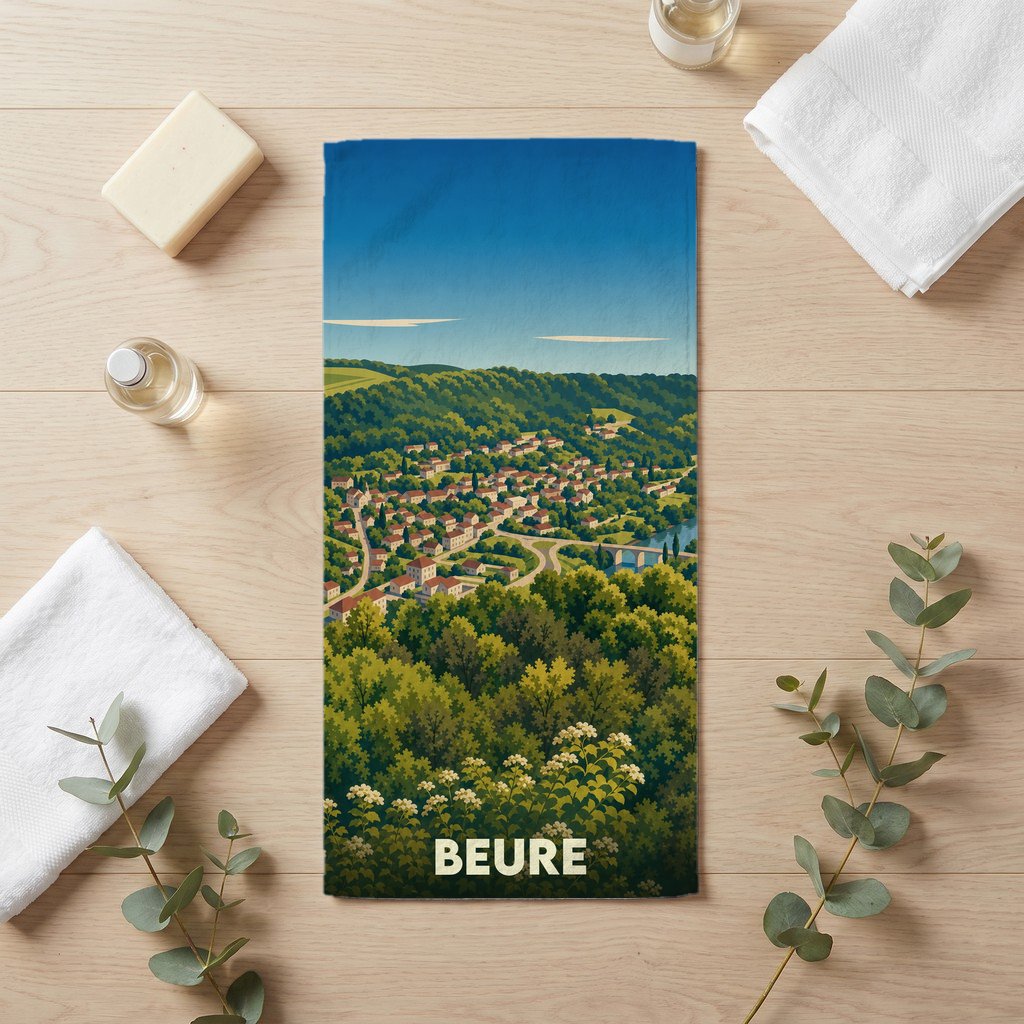 Serviette de bain souvenir de la ville de Beure avec une illustration stylisée d'un paysage verdoyant.