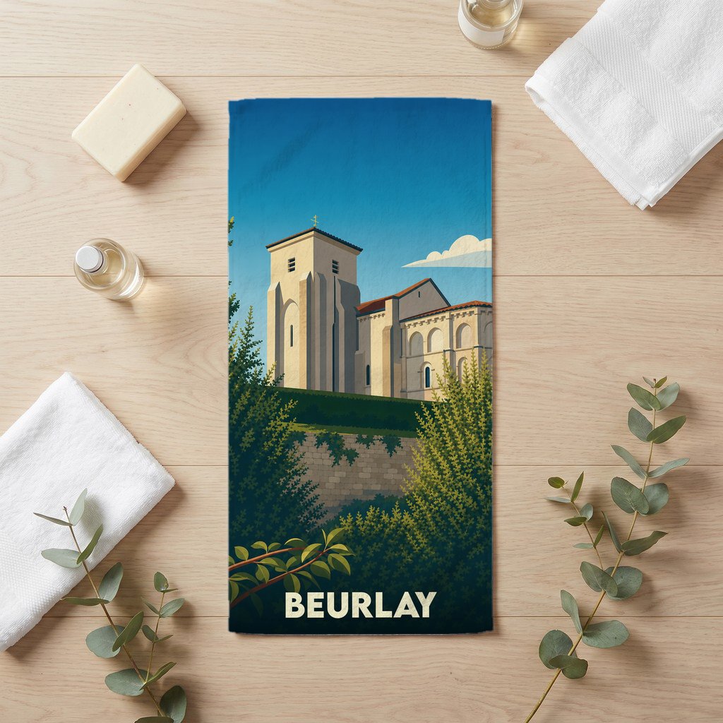 Serviette de bain souvenir de la ville de Beurlay avec une illustration stylisée d'un monument historique.