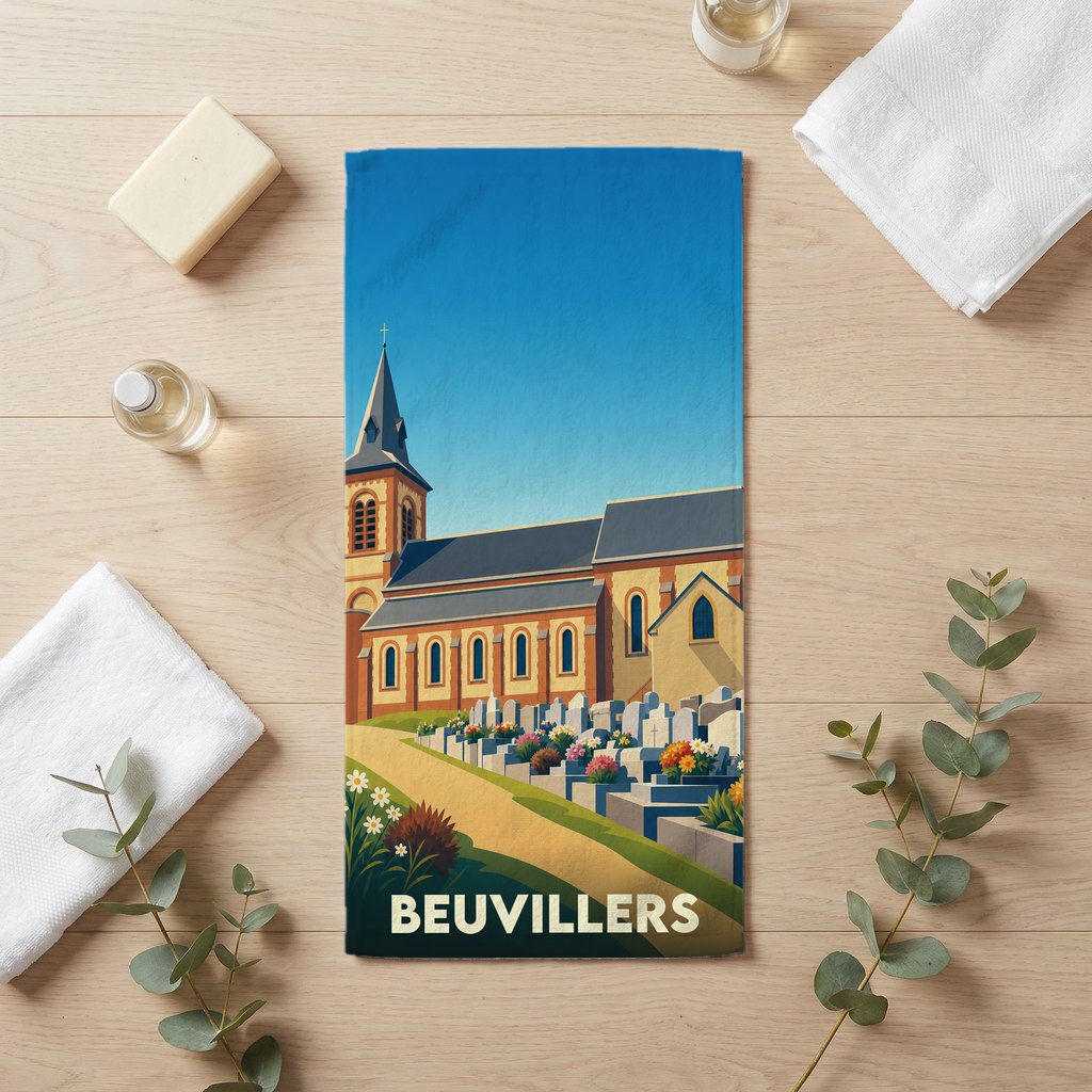 Serviette de bain souvenir de la ville de Beuvillers illustrée d'une église de style normand surplombant un petit cimetière fleuri.