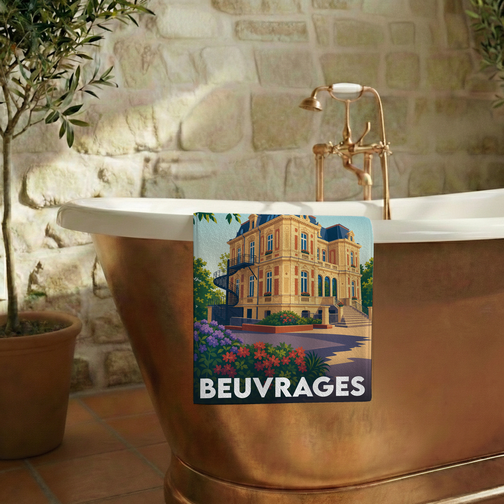 Serviette de bain souvenir de la ville de Beuvrages avec une illustration stylisée d'un manoir.