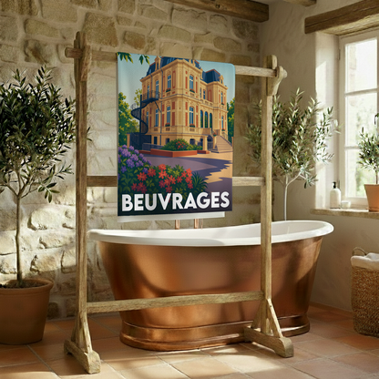 Serviette de bain souvenir de la ville de Beuvrages avec une illustration stylisée.